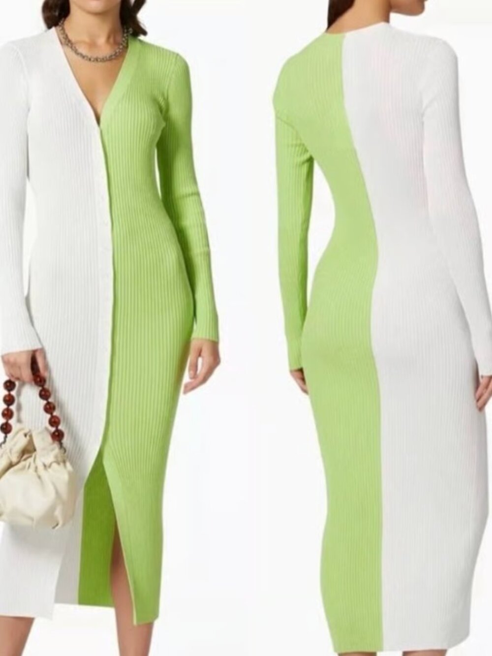 NWOT Staud Shoko Long sleeve ribbed white green Sweater midi Dress SIZE XS